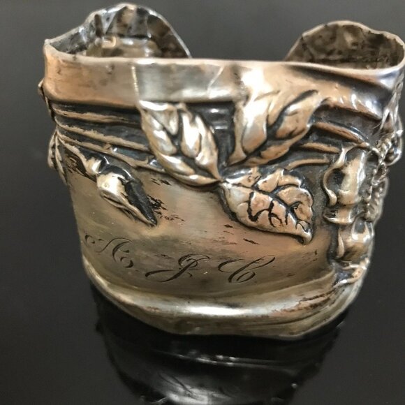 Art Nouveau Cuff Bracelet Floral Solid Sterling Silver 925 Antique Large - Picture 8 of 14
